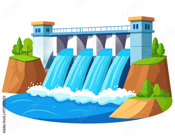 Obraz Cartoon Illustration of a Hydroelectric Dam with Flowing Water and Lush Greenery