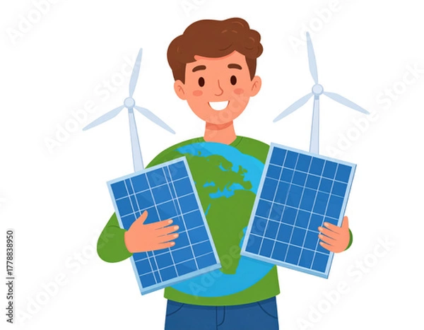 Obraz Young Man Holding Solar Panels and Globe with Wind Turbines Illustrative Depiction on Transparent Background