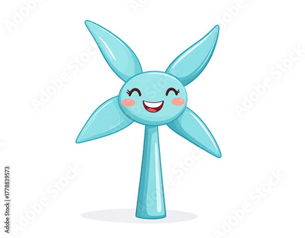Obraz Cartoon Illustration Of Smiling Wind Turbine With Blue Blades And Transparent Background