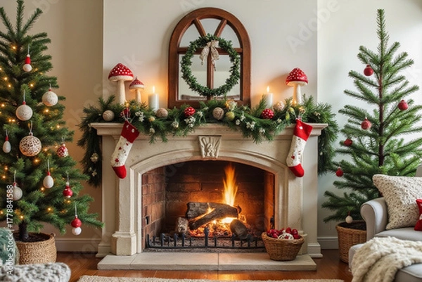 Fototapeta Interior design room with Christmas decorations for fireplace with a arched window frame mirror, fir branches and garlands with toys amanita mushrooms. Xmas tree and festive decor on fireplace.