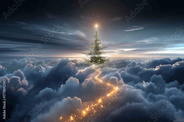 Obraz A whimsical Christmas tree floating in the sky with a glowing trail of light, surrounded by clouds. A chic, creative, and beautiful Christmas or New Year tree for the interior of a stylish home 