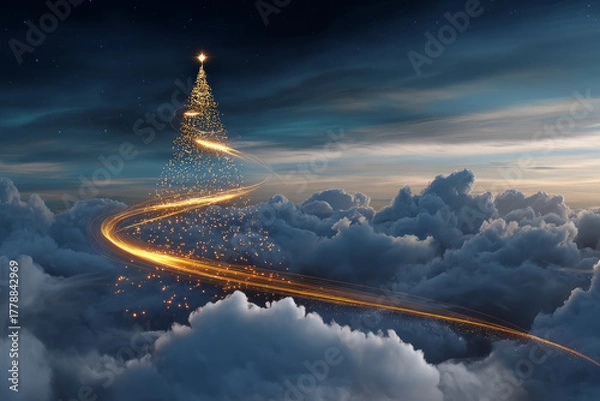 Obraz A whimsical Christmas tree floating in the sky with a glowing trail of light, surrounded by clouds. A chic, creative, and beautiful Christmas or New Year tree for the interior of a stylish home 