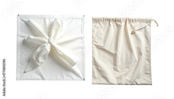 Fototapeta Square of white fabric knotted, and matching drawstring bag