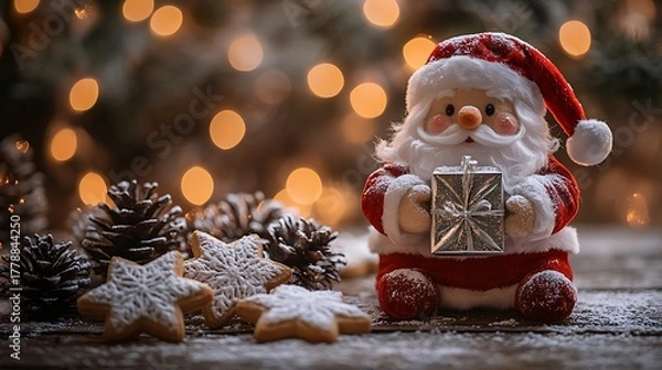 Fototapeta A photographic image of a cube-shaped Santa plush holding a tiny silver gift box with a sparkling ribbon,