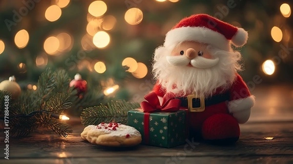 Fototapeta A photographic image of a cube-shaped Santa plush toy with fluffy red fabric and white beard, holding a miniature green gift box with a red bow,