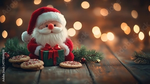 Obraz A photographic image of a cube-shaped Santa plush toy with fluffy red fabric and white beard, holding a miniature green gift box with a red bow,