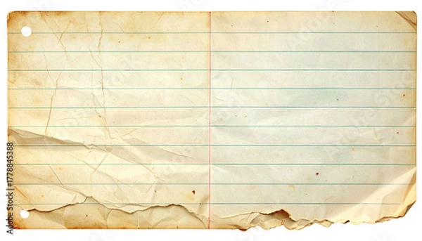 Obraz Aged, wrinkled lined paper. Creased, ripped edges, worn spots