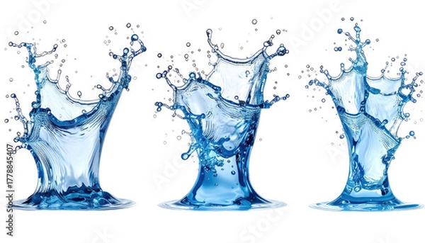 Obraz Three clear, blue water splashes isolated on a black background