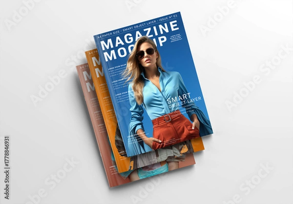 Obraz A Stack of Three Magazine Covers on White Background Mockup
