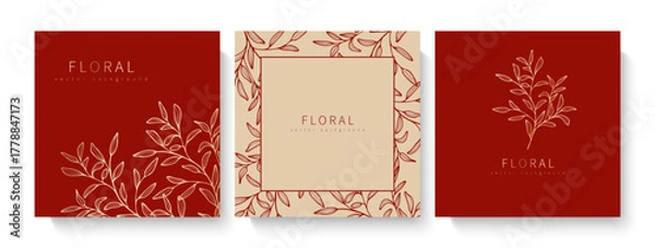 Fototapeta Elegant luxury red background with hand drawn gold flower pattern. Floral frame.