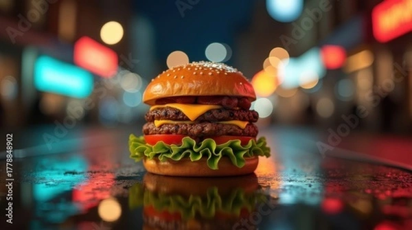 Fototapeta Delicious double cheeseburger with lettuce and tomato on a wet city street at night