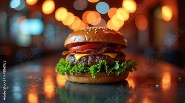 Fototapeta Juicy gourmet burger with melted cheese and fresh lettuce in a restaurant setting
