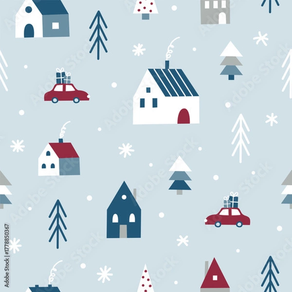 Obraz Seamless festive pattern winter village