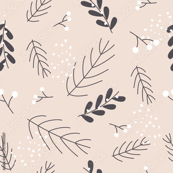 Obraz Christmas pattern with spruce or pine branches, juniper with berries, on beige background
