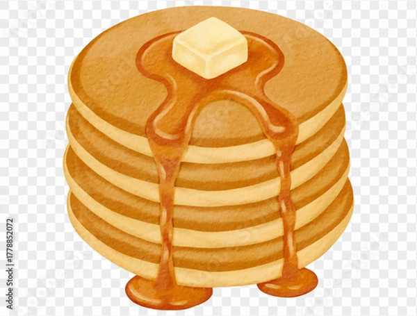 Fototapeta Watercolor pancake stack with syrup illustration for cozy Thanksgiving breakfast. Vector.