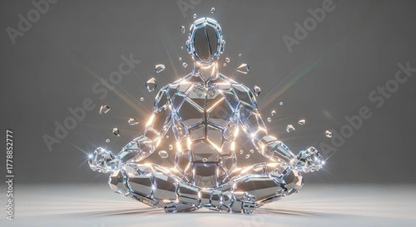Fototapeta Futuristic Chrome Geometric Man Meditating in Lotus Position Digital Art