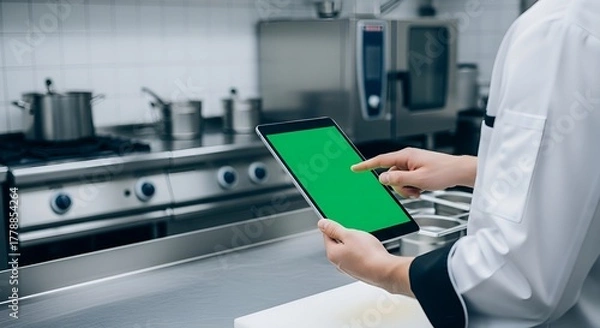 Fototapeta Modern Chef Using Digital Tablet with Green Screen in Restaurant Kitchen