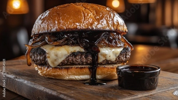 Fototapeta Premium gourmet burger with balsamic reduction glaze dripping down melted cheese and caramelized onions, served on wooden cutting board in upscale restaurant