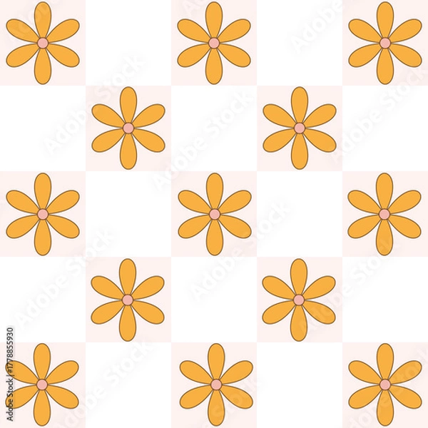 Obraz Groovy retro geometric composition with orange flowers arranged in a checkerboard pattern on pink and beige background. Mid-century modern aesthetic.