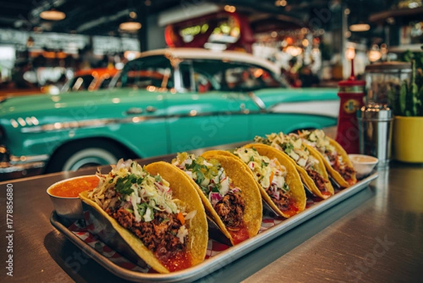 Fototapeta A tray of prepared tacos on a table in a Mexican cafe.