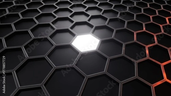 Fototapeta Glowing hexagonal grid with one brightly lit cell