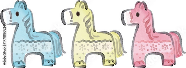 Obraz 2026年　干支　午年　馬の北欧風モチーフ　水彩　手描き　年賀状デザイン　イラスト素材