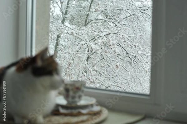 Fototapeta Winter photo of a cat on a windowsill.

