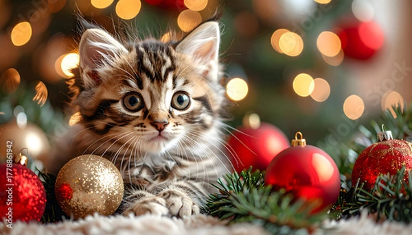 Fototapeta cat and christmas tree, new year background