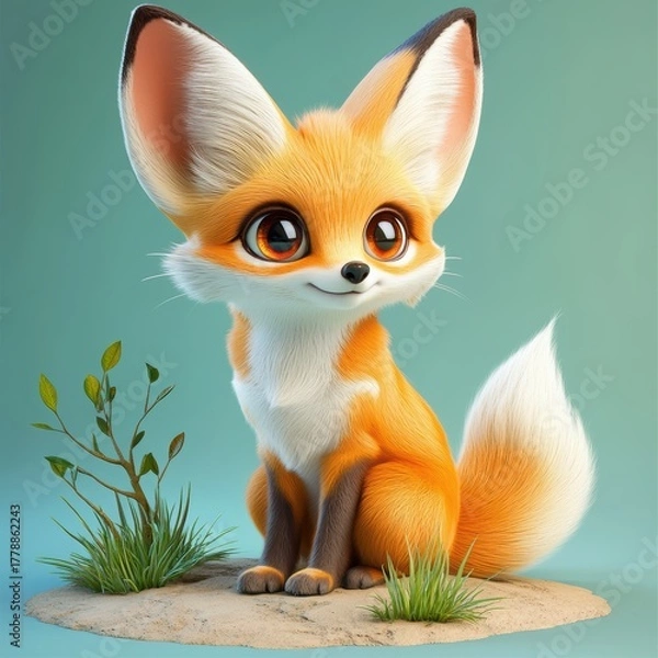Fototapeta Playful and Adorable Cartoon Fox Character with Big Eyes and Fluffy Tail in Cute Woodland Setting