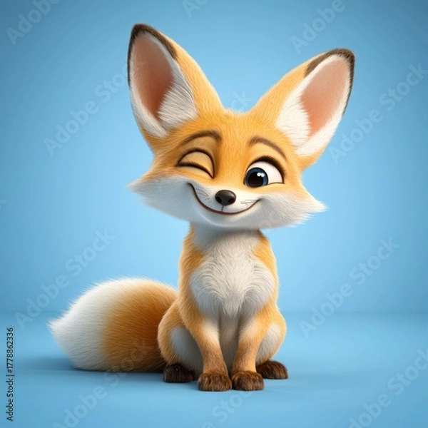 Fototapeta Adorable Cartoon Fox Character with Big Ears and Playful Expression on a Solid Blue Background