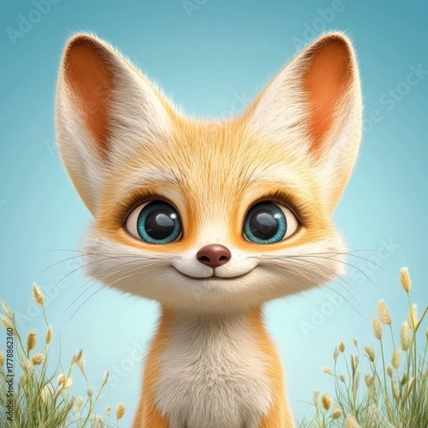 Fototapeta Cute cartoon fox character with large blue eyes and fluffy ears against a bright blue background
