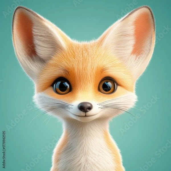 Fototapeta Adorable and Playful Cartoon Fox with Bright Orange Fur and Big Expressive Eyes on Teal Background