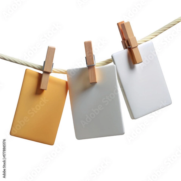 Obraz 3d blank cards hanging on clothesline isolated on transparent background