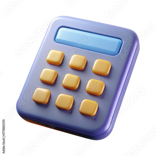 Obraz 3d calculator with blue display and yellow buttons isolated on transparent background