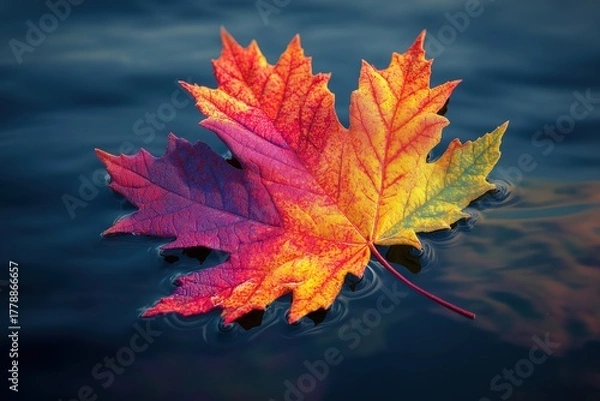 Obraz A vibrant maple leaf in shades of red, orange, and yellow floats serenely on a calm body of water, creating a beautiful autumn scene.