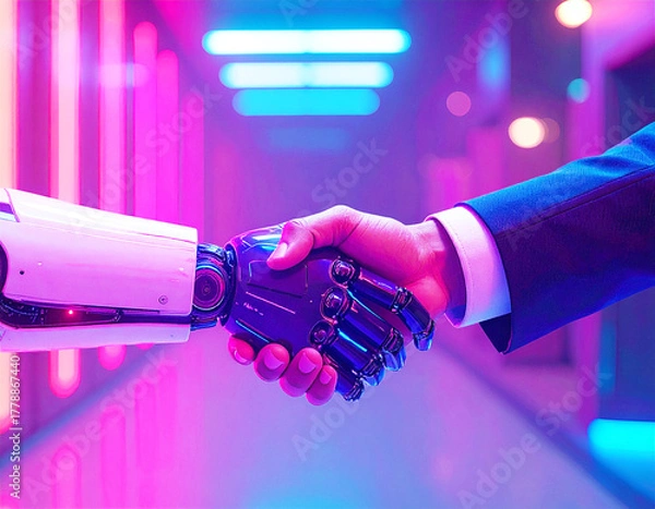 Obraz 人間とロボットの握手が象徴する未来の共存とテクノロジーの融合
