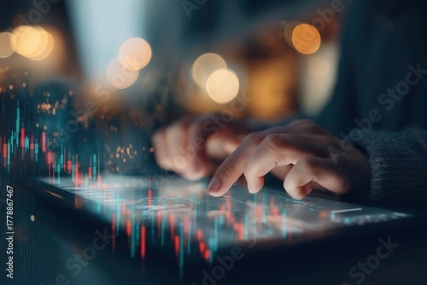 Obraz A person interacts with a digital tablet displaying financial data, with glowing graphs and bokeh lights in the background.