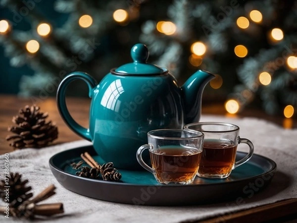 Fototapeta Monochrome Transformative Teal Tea Set with Christmas and New Year Vibes. Monochrome Everyday Objects in Transformative Teal Minimalist Modern Aesthetic Still Life