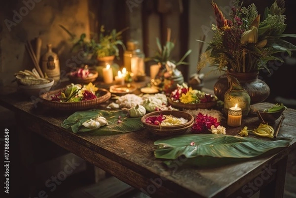 Obraz A beautifully arranged table with flowers, candles, and decorative elements, creating a serene, inviting atmosphere.