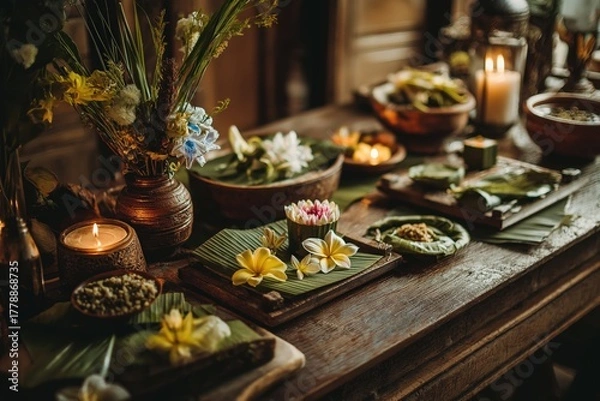 Obraz A beautifully arranged table featuring candles, flowers, and natural elements, creating a serene and inviting atmosphere.