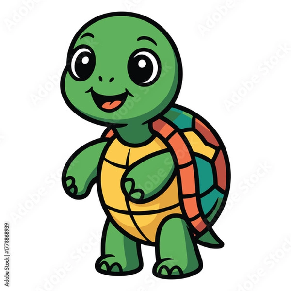 Obraz A cute turtle is standing, the turtle is green and yellow and has a big smile it is a cartoon illustration
