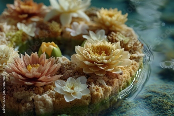 Obraz A serene arrangement of beautifully colored water lilies floating on a tranquil surface, surrounded by gentle ripples.