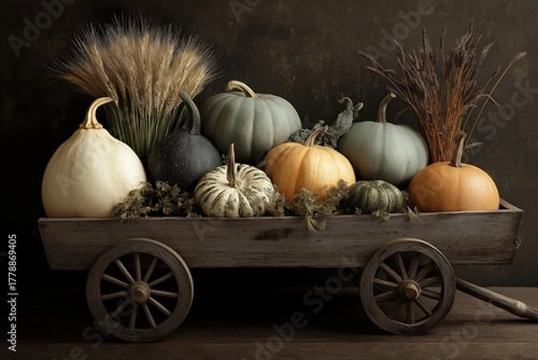 Obraz A rustic wooden cart filled with various pumpkins and dried plants, creating a warm, autumnal display.