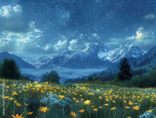 Fototapeta Field of yellow flowers beneath starry sky and snowy mountains