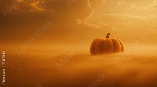 Obraz A surreal pumpkin floats above a sea of clouds, bathed in warm, golden light, creating an enchanting and dreamlike atmosphere.