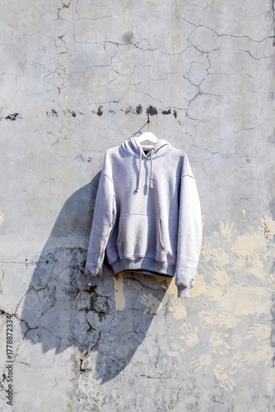 Fototapeta Stylish Gray Hoodie Hanging Against Distressed Urban Wall Bathed in Sunlight Creating Edgy