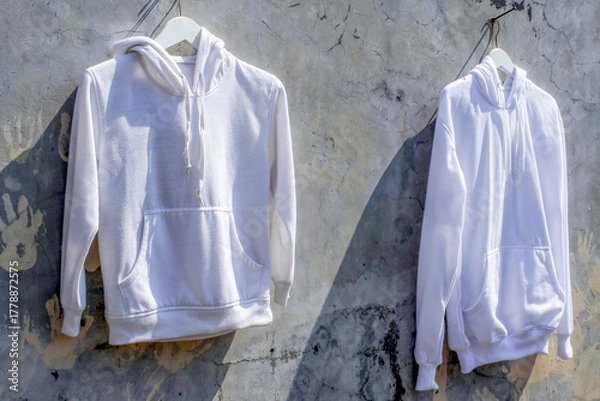 Fototapeta Two Stylish White Hoodies Hanging Against Textured Gray Concrete Wall