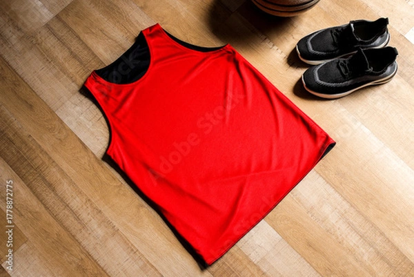 Fototapeta Red Basketball Jersey, Sneakers, and Ball Lay Ready on Wood Floor Creating