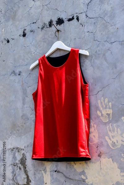 Fototapeta Vibrant Red Tank Top Hanging Against Textured Gray Wall Offers Modern