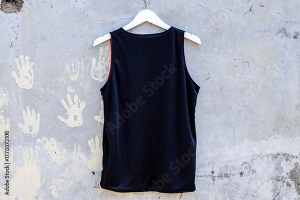 Fototapeta Sleek Black Tank Top Hanging Against Urban Distressed Wall Featuring Handprints